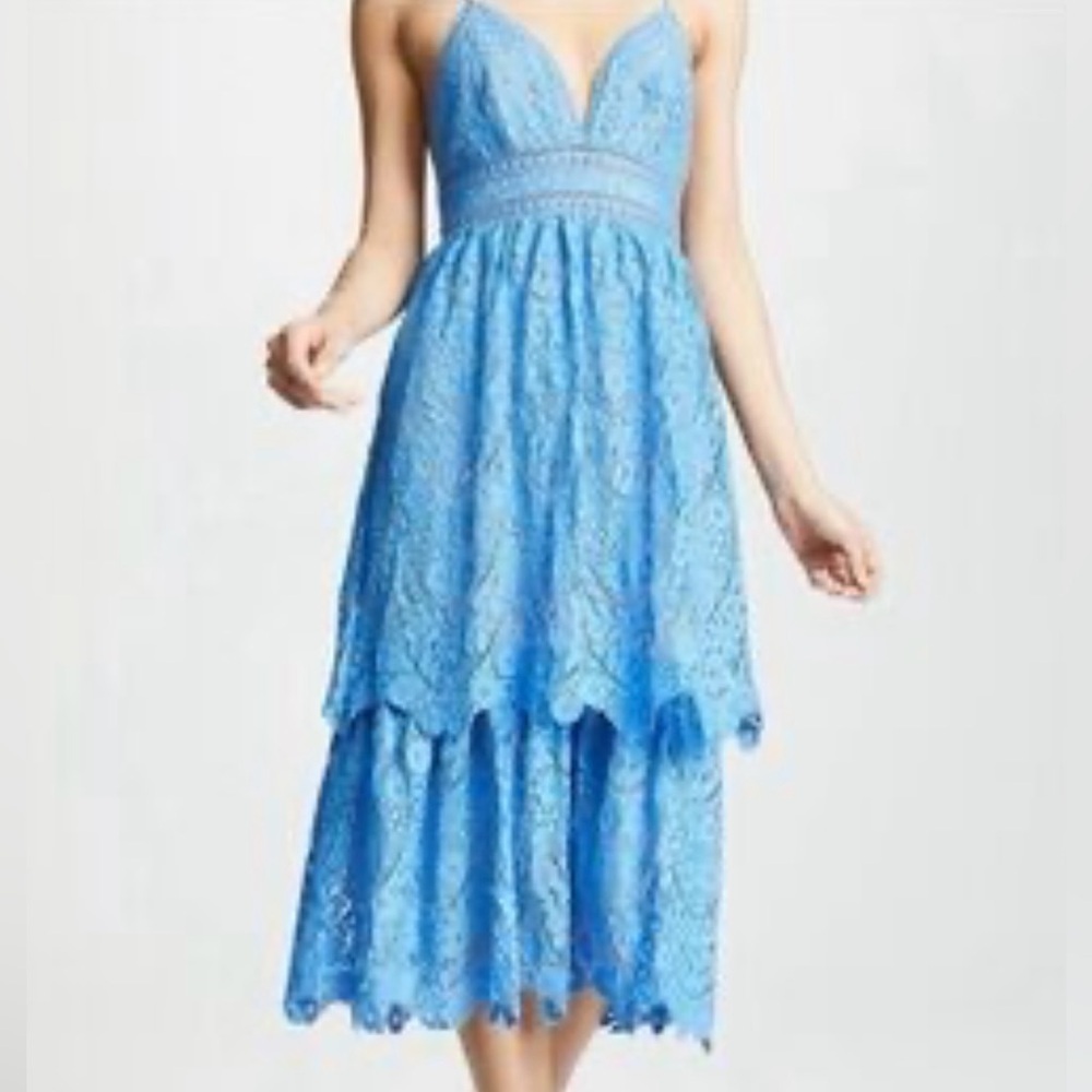 Saylor Safia Lace Sleeveless Adjustable Straps Tiered Midi Dress Blue Size Large